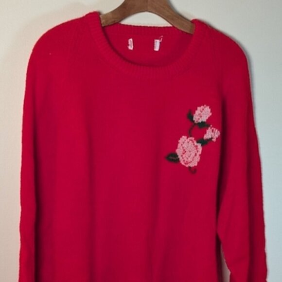 Vintage Bloom Brigade – Bold Red Knit Sweater with Rosy Appliqué 🌹🔥 - Picture 1 of 5